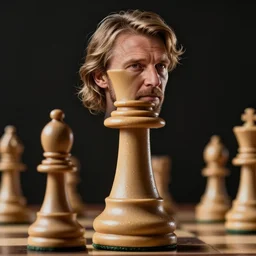 close up photograph of a realistic chess king piece. it has magnus carlsen's face!