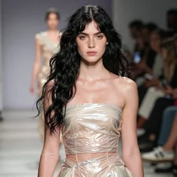 olivia wearing an outfit made from tight cling film, at new york fashion week, lush black hair, average physique, freckled pale skin, photo by greg rutkowski, stage lighting, soft colors, female beauty, intricate detail, risque fashion, elegance, 3 5 mm, depth of field, masterpiece