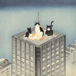 three cats on top of a skyscraper japanese ink print