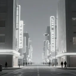 streetscape, simple brutalist architecture, white neon lighting, neon signs, flying vehicles, pedestrians, greg rutkowski, syd mead, ralph mcquarrie, concept art, matte painting, finely detailed, minimal artifacts, rule of thirds, dynamic lighting, cinematic, detailed, denoised, centered