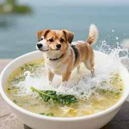 dog surfing on a bowl of soup