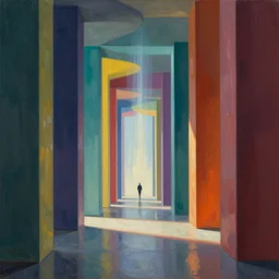 colorful minimalist industrial interior hallway with monolithic pillars in the style of ridley scott and stanley kubrick, impossible stijl architecture, science fiction, lone silhouette in the distance, ultra wide angle view, cinematic, god rays, volumetric lighting, neo tokyo, realistic detailed painting by edward hopper