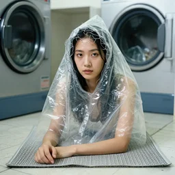 a woman wearing a hood made of wire and plastic, in a laundry mat, by vincent desiderio, canon eos c 3 0 0, ƒ 1. 8, 3 5 mm, 8 k, medium - format print