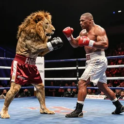 mike tyson fighting a lion in a boxing ring