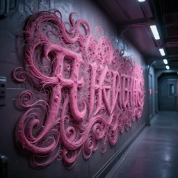 intricate, highly detailed, sharp, pink, mysterious curly extraterrestrial writing, on the wall of a long spaceship corridor, cinematic, dramatic lights scene