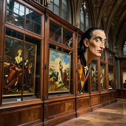 Wall full of wooden glass cabinets with oil paintings Inside the gothic museum, by Dali, dramatic lighting, photorealistic, wolumetric lighting, high detail, cinematic feel, wideshot, high octane, 4K, Unreal Engine, digital render, intricate, ultra realistic