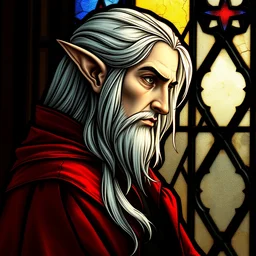 medieval stained glass window, side - view portrait of a stern male elf, pale, long white hair, pointy elf ears, expensive red coat, masterful, backlit