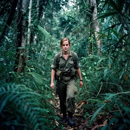film still, far view, portrait, emma watson soldier hiking through dense vietnam jungle, award winning, award winning, award winning, film still from apocalypse now ( 1 9 7 9 ), 2 6 mm, kodak ektachrome, blue tint ektachrome film,