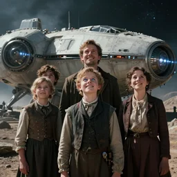 extremely sharply detailed, from blockbuster sci fi 8 k color movie freeze frame, set in 1 8 6 0, family standing in front of a crashed spaceship, on alien planet, looking happy, wearing 1 8 5 0 s era clothes, atmospheric lighting, in focus, reflective eyes, 3 5 mm macro lens, live action, nice composition, good photography, extremely detailed