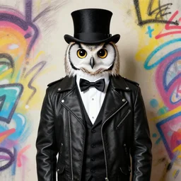 gentleman owl with black biker jacket, portrait photo, crayon outline, wall with colorful graffiti, studio photo, suit, bow tie, tophat