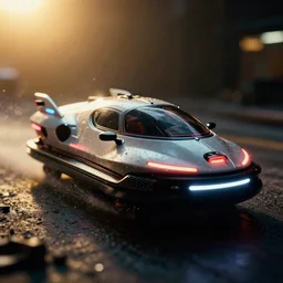 a 3 5 mm photo of a futuristic hovercraft with led lights and neon with chrome details, dark, chiaroscuro, splash art, movie still, bokeh, canon 5 0 mm, cinematic lighting, dramatic, film, photography, golden hour, depth of field, award - winning, anamorphic lens flare, 8 k, hyper detailed, 3 5 mm film grain