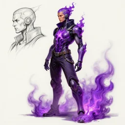 character design sketch humanoid by ahmet atil akar, concept art character, cyberpunk fashion, with body made of purple lava and fire, profile portrait, marvelous designer, fantasy, painted, 4 k, high detail, sharp focus, trending in artstation