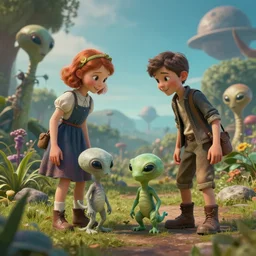 a girl and a boy standing next to some alien plants, looking happy, they are playing with their small pet alien creature, in a park on a alien planet, set in 1865, extremely high detailed, ultra realistic facial details, ultra photorealistic raytracing, octane, 8k