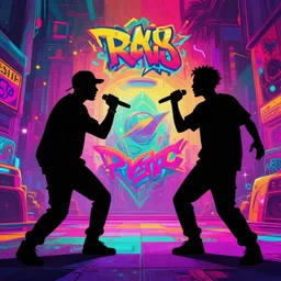 psychedelic rap battle, silhouettes, distinct figures, digital art, vapor wave, hip hop, graffiti, trending on Artstation, professional artist, detailed, 4k