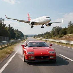 a ferrari testarossa speeding over 3 0 0 mph coming in our direction under the avengers plane on a straight road in le cap - ferret, global illumination lighting artstation