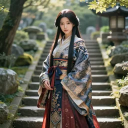gorgeous japanese princess in an ancient fantasy garden, long hair, beautiful intricately decorated clothing, natural pose, stairs, backlight, shallow depth of field, fantasy matte painting, karole bak, mohrbacher, hasui kawase, noriyoshi ohrai