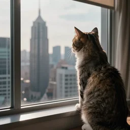 a business cat looking out at a skyline from a penthouse suite, cinematic, movie screenshot,