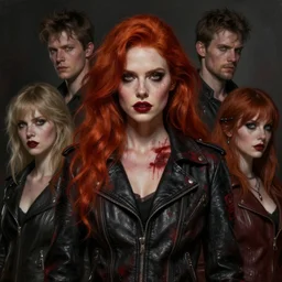 portrait painting of a stylish badass redhead woman wearing a bloodstained black leather jacket, ultra realistic, concept art, intricate details, eerie, highly detailed, photorealistic, octane render, 8 k, unreal engine. art by artgerm and greg rutkowski and charlie bowater and magali villeneuve and alphonse mucha