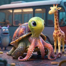 a strange bird turtle octopus giraffe chimera creature waiting for the bus with other monsters, in the style of shaun tan and sam shearon, close up, glossy, beautiful, fantastic, wonderful, science fiction, dramatic lighting, high contrast, 3 d sculpture 8 k octane render