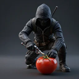 detailed 3 d render of an assassin squash who is attaching a tomato, hyper realistic octane render, dramatic lighting