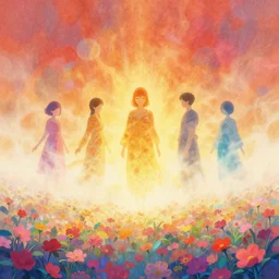 spirits over the horizon, spiritual, digital art, warm color palette, colorful, vapor, mist, flowers, floral, diffraction grading, de - noise, by akihito yoshida, by weta fx, by yaoy kusama, by yoshitaka amano