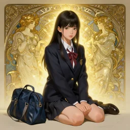 a digital concept art by artgerm and greg rutkowski and alphonse mucha. full body!! clear portrait of a squatting attractive japanese school girl in uniform!! sit on floor!! school bag, light effect. hyper detailed, character concept, glowing lights!! intricate, elegant, digital painting, artstation, smooth, sharp focus