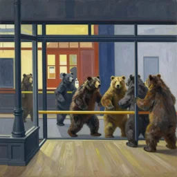 painting, view from inside edward hopper's painting nighthawks, of a group of werebears robbing a bank, by neo rauch