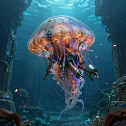 jellyfish alien vehicle, sparks, ultra realistic, underwater temple, cinematic lighting, machines, highly detailed, sharp focus, artstation, masterpiece, art by greg rutkowski