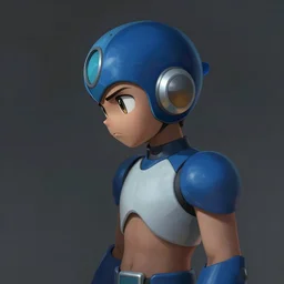 portrait of megaman, profile, sideview, sad, depressive, medium shot, digital painting, concept art, illustration, cinematic lighting, ultrarealistic, sharp focus, highly detailed, by luis royo,