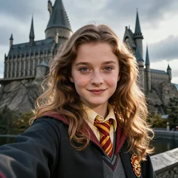 miranda otto, posing for a selfie with harry potter, in front of a castle on a mountain,