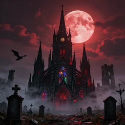 castlevania gothic castle spires red full moon clouds mist fog cemetery gravestones flying butress black and red dark scary dramatic cathedral stained glass bell tower clock tower ruins and decay fantasy neon