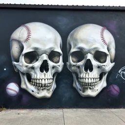 a spraypainted dark 8 0 s mural of 2 skulls wearing baseball caps, in the style of hiphop, intricate, high detail, artstation, dark color scheme
