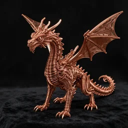 a complex intracately detailed anatomically correct 3 d sculpture of an alien dragon made of copper wire. wirewrapping art. wire sculpture. product photpgraphy standing on black velvet. beautifully lit. black background