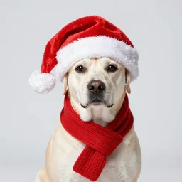 a dog wearing a santa hat and scarf, a stock photo by Elke Vogelsang, shutterstock contest winner, dada, stock photo, stockphoto, photoillustration
