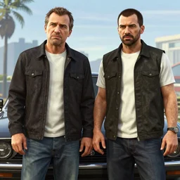 martin freeman in gta v looking confused standing left from trevor. octane render 4 k