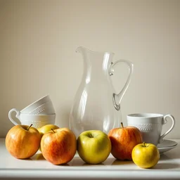 beautiful still life, a glass pitcher and apples and tea cups on a shelf