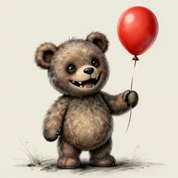 surrealism grunge cartoon sketch of a teddy bear with a wide smile holding a red balloon by - michael karcz, loony toons style, creepy themed, horror themed, detailed, elegant, intricate