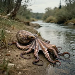 scary unproportionable dead body of octopus on side of the tribal river, 1900s picture