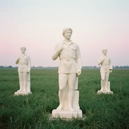 army of marble statues in a field of grass, film photo, soft lighting album cover, nostalgia, gradient