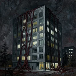 zdzisław beksiński painting in color of a modern office building, dark colors, tendrils, 4K, high quality, creepy