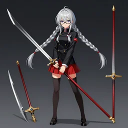 advanced digital anime character reference sheet, Girl with long braided silver hair and spectacle glasses wearing a black high school outfit and red skirt holding 5 feet scythe Sakimimichan WLOP Artgerm