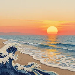 a beutiful sunset on a beach, fractal waves. japanese embroidery. retro minimalist art by jean giraud and van gogh.