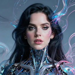 portrait of lana del rey as a cyborg. intricate abstract. intricate artwork cyberpunk by tooth wu, wlop, beeple, dan mumford. octane render, trending on artstation, greg rutkowski ruan jia, cinematic lighting, hyper realism, high detail, octane render, 8 k, key art, blue and pink iridescent accents