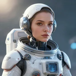 portrait of a female space explorer, cyborg, FUTURISTIC, sci-fi, DETAILED DIGITAL ART, greg rutkowski, LENS FLARE