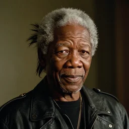 a cinematic film still of Morgan Freeman dressed as a punk rocker, portrait, 40mm lens, shallow depth of field, close up, split lighting, cinematic