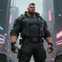A broad shouldered, large man in a techwear outfit, high quality, digital art, dire cyberpunk city, gray sky, neon signs in background, greg rutkowski