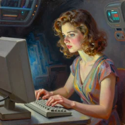 oil on canvas portrait of a woman programming a computer, retro science fiction vintage art, colorful, very detailed