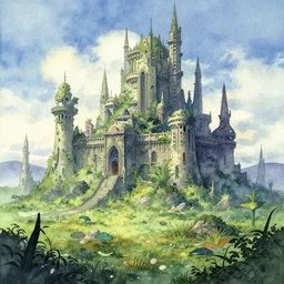 futuristic scifi castle in a lush quagmire. watercolor by award - winning mangaka, depth of field.