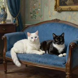 a white cat and a tuxedo cat lounging on a blue chaise lounge in a victorian parlor, lighting study, still life, matte oil painting by james gurney, detailed, hyperrealistic, intricate, volumetric lighting