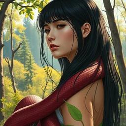 burgundy python snakeskin girl with long black hair in sunny forest hills biome. highly detailed, digital painting, watercolor, soviet realism, engraving, artstation, concept art, smooth, sharp focus, vivid grunge, manga, illustration, unreal engine 5, 8 k, art by bilibin and kilian eng and kuvshinov and malevich and mucha